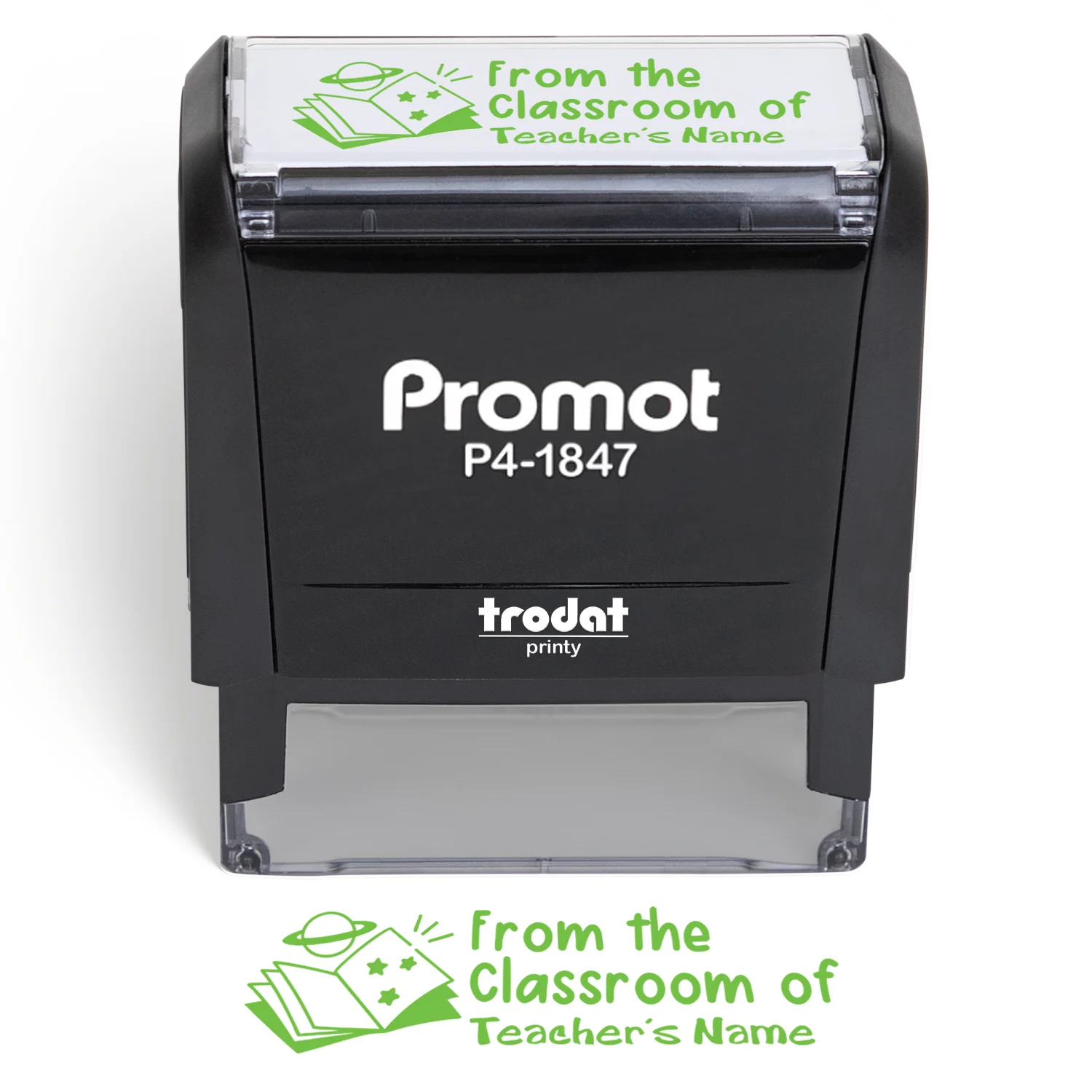 Medium self-inking teacher rubber stamp with “From the Classroom of” design, customizable with teacher’s name, Promot P4-1847 Trodat Printy model.